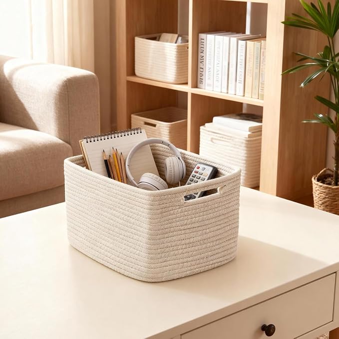 5 Pack Woven Storage Baskets, Decorative Storage Bins for Organizing | 13.8'' × 9.8'' × 7.9'', Soft Cotton Rope Basket Organizer for Closet, Shelves, bathroom, Nursery, Toys, Books, Pantry, White