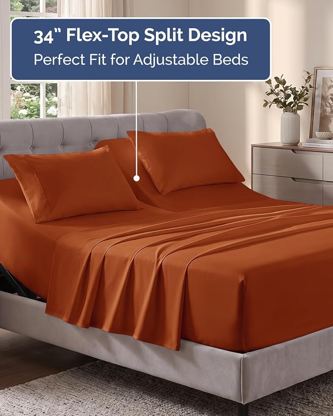 Flex Top Split Head King Sheet Set - 4 Piece Extra Deep Sheets - Terracotta | Easily Fits 18 to 24 inch Mattress, Ultra Soft, Wrinkle & Fade Free with Extra Deep Pockets, Comfy Hotel Luxury Bedding