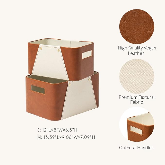 LA JOLIE MUSE Faux Leather Storage Baskets for Organizing, Beige 2 Pack | Fabric Storage Bins, Sturdy Decorative Organizer Baskets for Closet, Shelf, Office Cabinets, Toys, Books and Home Essential