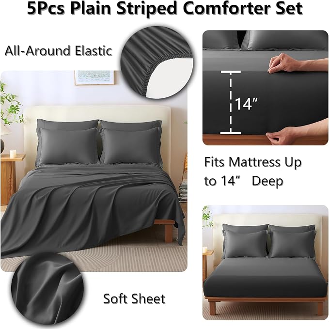 Twin XL Comforter Set Dark Grey - 5 Pieces Complete Bedding Set | College Dorm Essentials, OEKO-TEX Certified, 240GSM Down-Alternative Comforter, 14" Deep-Pocket Sheets, Sham & Pillowcase