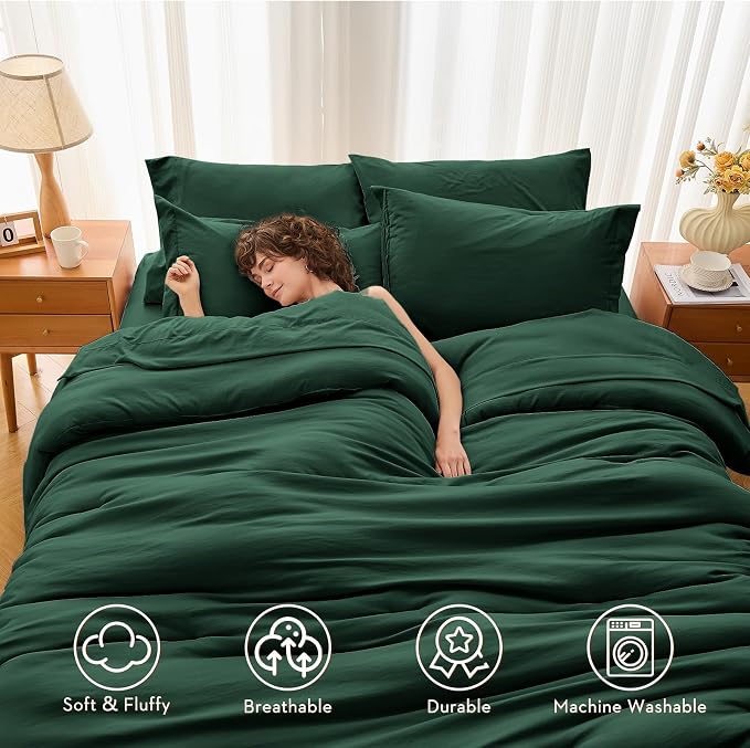 7 Pieces Queen Comforter Set, Soft Bed in a Bag Queen Size, All Season Bedding Set with Comforter, Flat Sheet, Fitted Sheet, Pillowcases & Shams, Dark Emerald Green