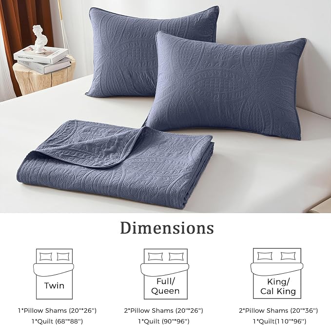 akkialla King Size Quilt Set,Bluish Grey Ultrasonic Bedspread,Lightweight Soft Coverlet with Modern Coin Pattern,All Season California King Bedding Set,3 Piece Set(1 Quilt,2 Pillow Shams)