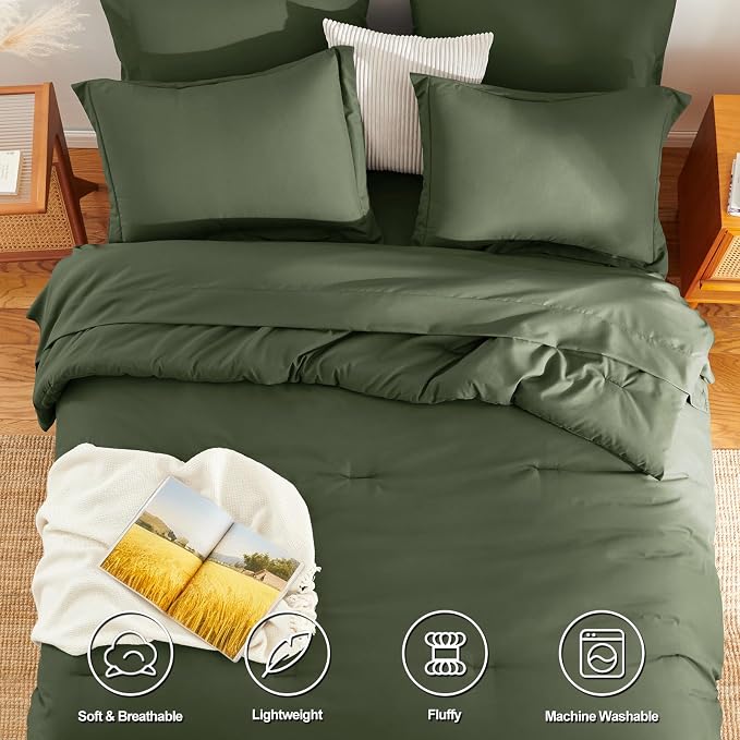HIMEET King Comforter Set, 7-Piece Point-Quilted Bed in a Bag, Olive Green | OEKO-TEX Certified, Lightweight 240 GSM Comforter, Flat Sheet, 14-Inch Deep-Pocket Fitted Sheet, Pillowcases & Shams