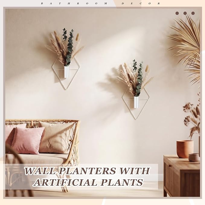 Jexine 8 Pcs Hanging Planters with Artificial Pampas Metal Hanging Vase Indoor Plants Holder Modern Geometric Boho Bathroom Wall Decor for Living Room Home Office(White)