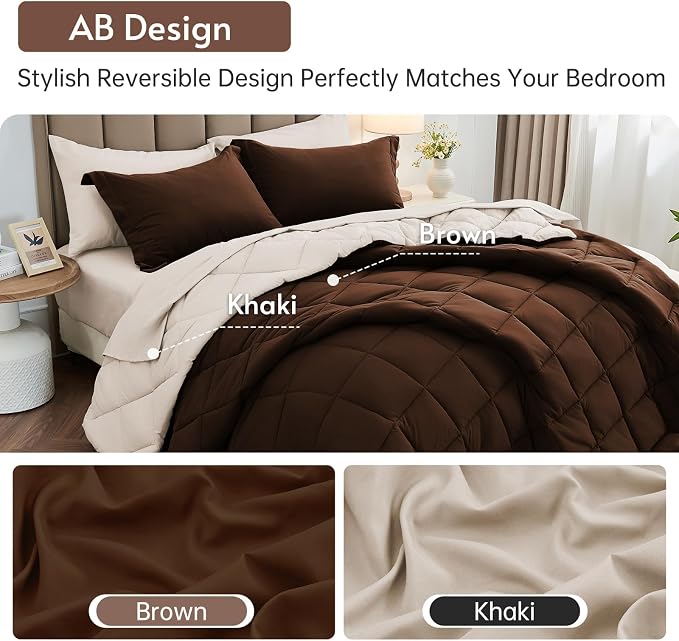 7 Pieces California King Comforter Set, Reversible Bed in a Bag Cal King Size, All Season Bedding Set with Comforter, Flat Sheet, Fitted Sheet, Pillowcases & Shams, Brown & Khaki
