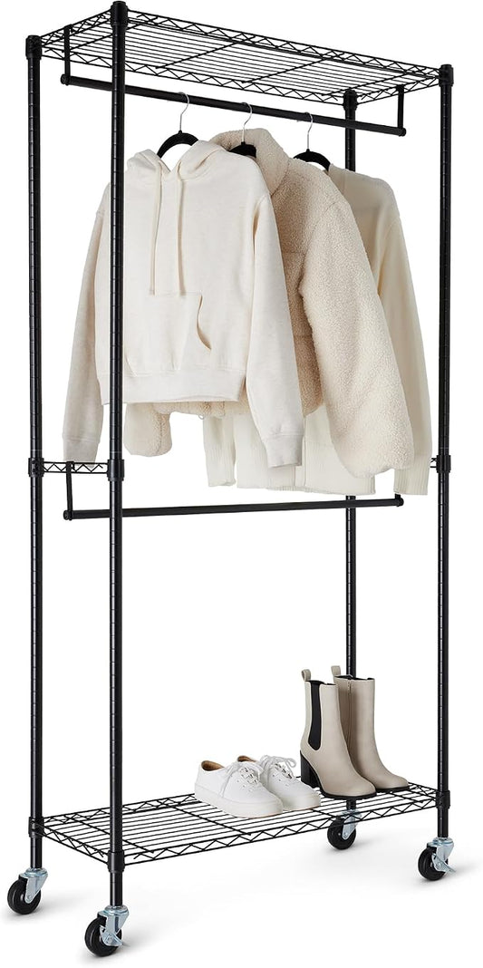 Amazon Basics Adjustable Double Rod Rolling Garment Rack, Hanging Clothes Closet Organizer with Wheels, Heavy Duty, 36" x 14" x 72", Black