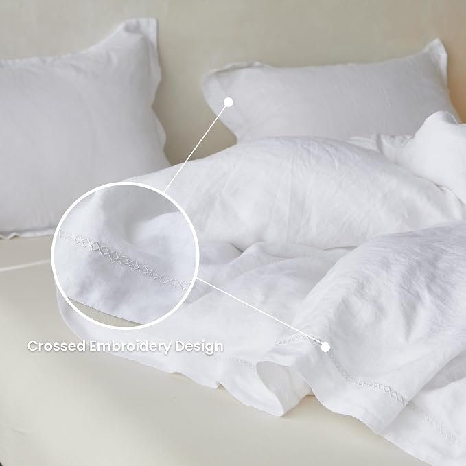Simple&Opulence 100% Linen Duvet Cover Set with Crossed Embroidery Washed - 3 Pieces (1 Duvet Cover with 2 Pillow Shams) Soft Breathable Farmhouse - White, Queen Size