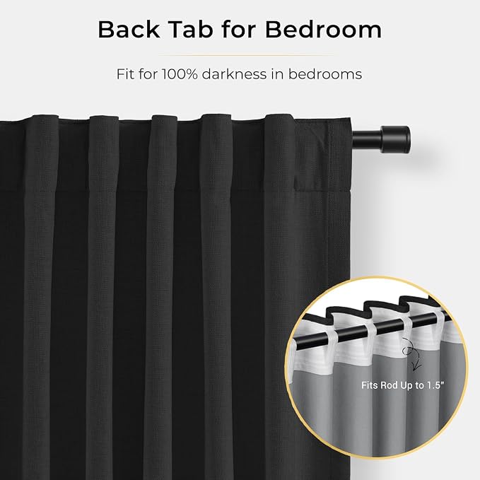 INOVADAY 100% Blackout Curtains for Bedroom Black Out Curtains 96 Inch Long | Black Curtains for Living Room 2 Panels, Clip Rings Linen Look Blackout Drapes, Thermal Insulated Room Darkening,W50xL96