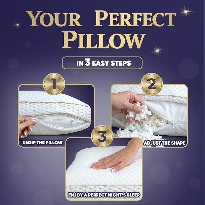Royal Therapy King 4-Pack Memory Foam Pillow, Adjustable Shredded Odor-Free Cut-Out Bed Pillow for Neck & Shoulder Pain Relief, Breathable Support for Back, Stomach, Side Sleepers, BioForm