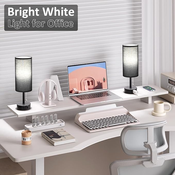 Black Bedside Table Lamps Set of 2 - Bedroom Lamp for Desk, AC Outlet | 3CCT(3000K/4000K/5000K), LED Bulbs Included, Black Fabric Lampshade, 14in Small Lamp for Nightstand, Guest Room, Living Room