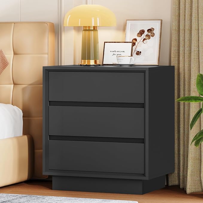 TEENFON Nightstands Set of 2, Night Stand with 3 Drawers, Nightstand Side Table with Cut-Out Handle, Bedside End Table for Bedroom, Black, 17.7″ L × 15.7″ W × 23.6″ H