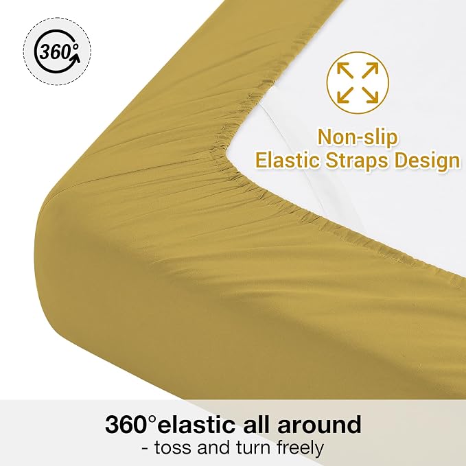 Softan Microfiber Twin Sheet Set with Non-Slip Straps, Mustard Yellow | 15" Deep Pocket Fitted Bed Sheets, Double Brushed Microfiber, Cozy Sheets & Pillowcase for All Season