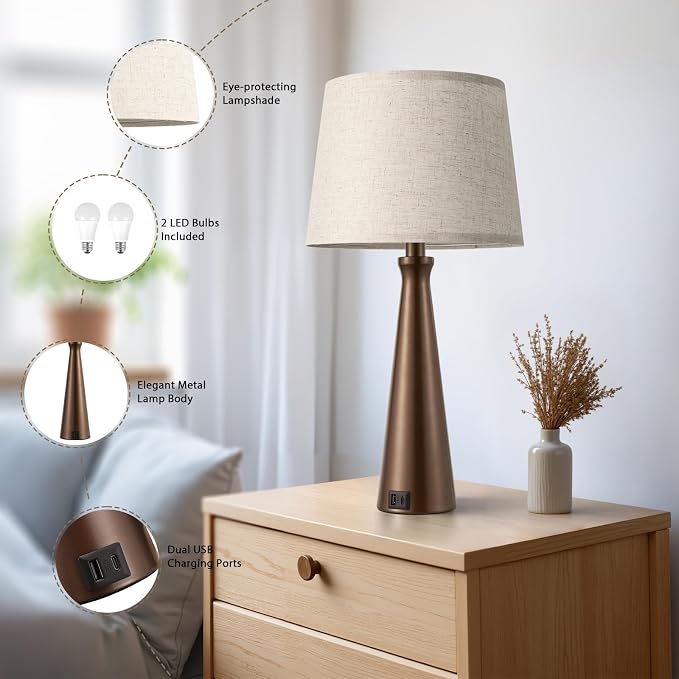 Modern Touch Lamps for Nightstand, 3 Way Dimmable Bedroom Lamp Set of 2 | USB C+A Charging Ports, Brown Bedside Lamps for Bedroom, Living Room, End Table, Bed Side, LED Bulb Included