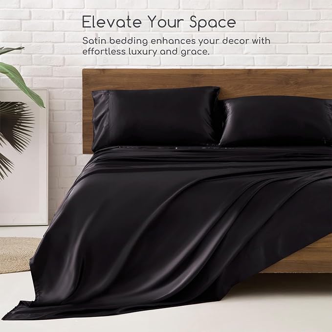 MR&HM Satin Sheets Queen Size with Elastic Corner Straps, Black | Similar to Silk, 4-Piece Silky Soft Bed Sheet Set, Gentle on Skin and Hair, 15" Deep Pocket, Cooling & Breathable