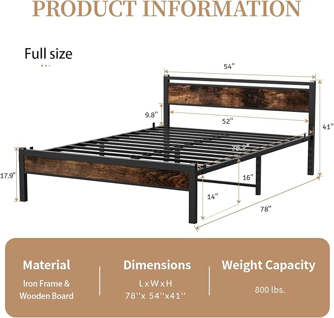 Easy Install 16 Inch Full Size Bed Frame with Headboard&Footboard | Large Under Bed Storage, No Box Spring Needed, Non-Slip Without Noise, Sturdy Steel Frame, Mattress Foundation, Brown