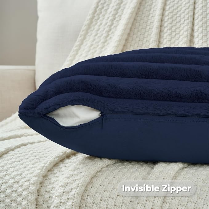 FUTEI Pack of 2 Faux Fur Throw Pillow Covers 16x16 Inch, Dark Navy | Fluffy Faux Rabbit Fur Front/Premium Velvet Back,Hidden Zipper,Machine Washable,Non-Shedding,Colorfast,Insert Not Included.