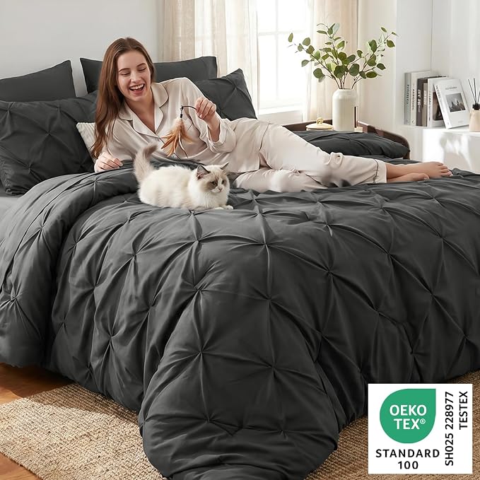 Twin XL Comforter Set Dark Grey, 5 Pieces Pintuck Bed in a Bag | College Dorm Essentials, OEKO-TEX 100 Certified, 240GSM All Season, Down-Alternative Comforter, Sheets, Pillowcase & Sham