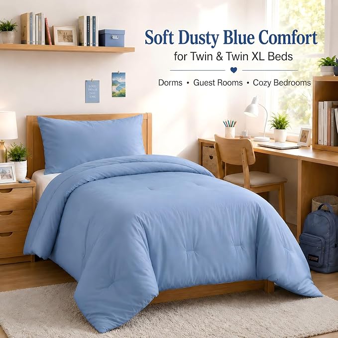 weigelia Dusty Blue Comforter Set Twin, All Season Lightweight Bedding Set | Soft Microfiber Twin Comforter Set, Machine Washable, Solid Color Bed Set (1 Comforter, 1 Pillowcase)