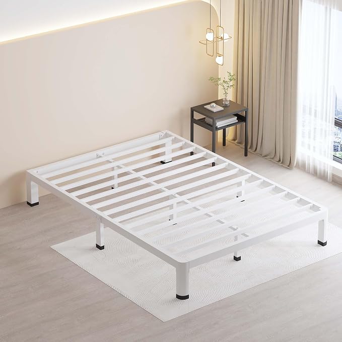 MAF 7 Inch Full Size Metal Platform Bed Frame White with Round Corner Legs | Mattress Slide Stopper, 3000 LBS Heavy Duty Steel Slats Support, Noise Free, No Box Spring Needed, Easy Assembly, Anti-Slip