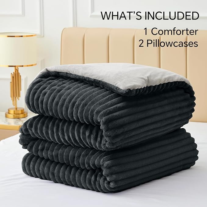 BEDELITE Fleece Oversized Queen Comforter Set, Fluffy Bed Set, Black | Super Soft & Warm Bedding, Luxury Fuzzy Faux Fur Comforter for Winter, Heavy Plush Bedding, with 2 Pillowcases
