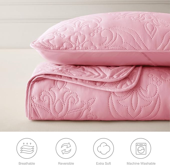 Whale Flotilla Queen Quilt Bedding Set Vintage Damask Reversible Bedspread | Suitable for Bed, 3 Pieces Pink Lightweight Breathable Quilts Queen Size, Ultrasonic Coverlet Bed Cover with 2 Pillow Shams