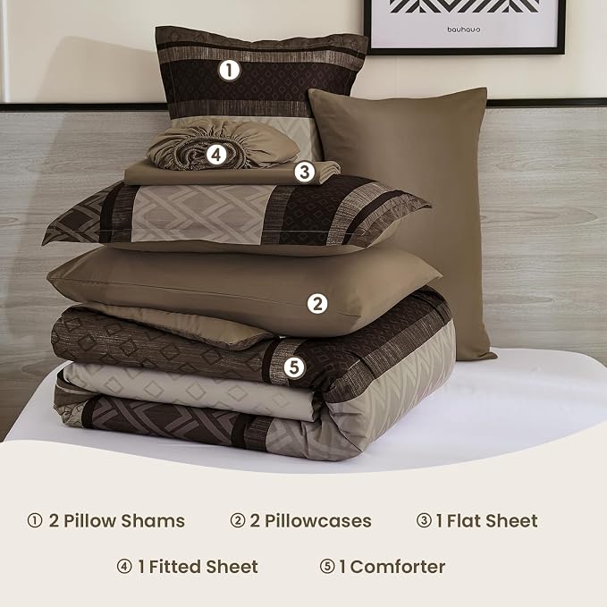 Cottolester Boho Fall Comforter Set Queen Size,Striped Bed in a Bag | Light Brown Plaid Comforter Set,7 Piece Soft Microfiber Bedding Sets