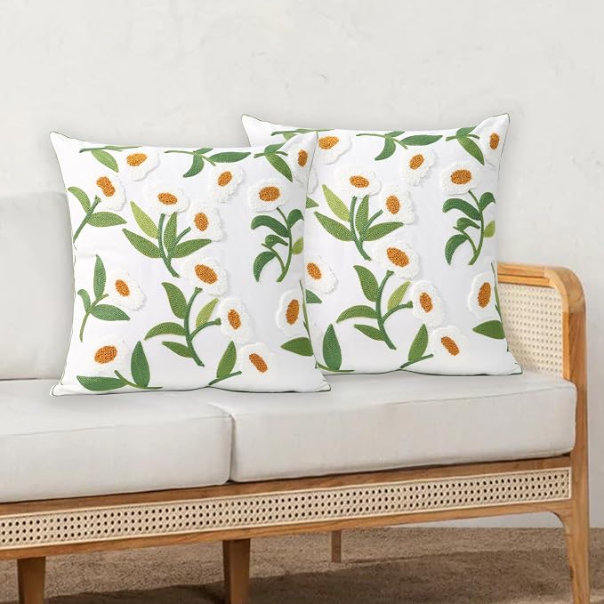 Pack of 2 Embroidered Decorative Throw Pillow Cover 18x18 Inch Farmhouse Floral Pillowcase for Living Room Sofa Bed (White Glass Flower)