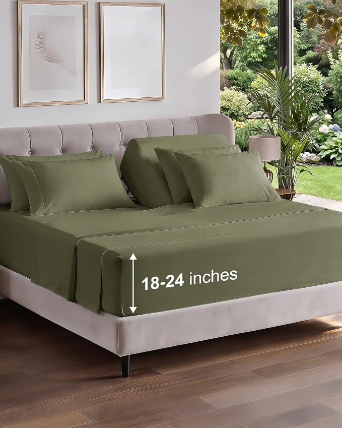 Extra Deep Flex Top Split Head King Sheet Set - 6 Piece Breathable and Cooling Sheets - Hotel Luxury Bedding for Women, Men, Kids & Teens - Easy Secure Fit - Extra Deep Pockets - Sage Green