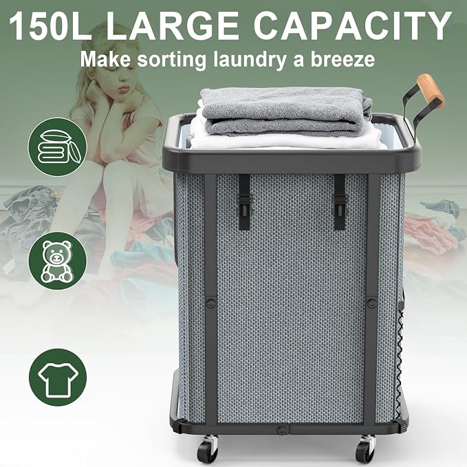 150L Laundry Basket with Wheels,Rolling Basket Hamper with Lid&Handle Gray | Laundry Organizer Storage Cart with Heavy Duty Sturdy Metal Frame for Home, Hotel, Laundry Room