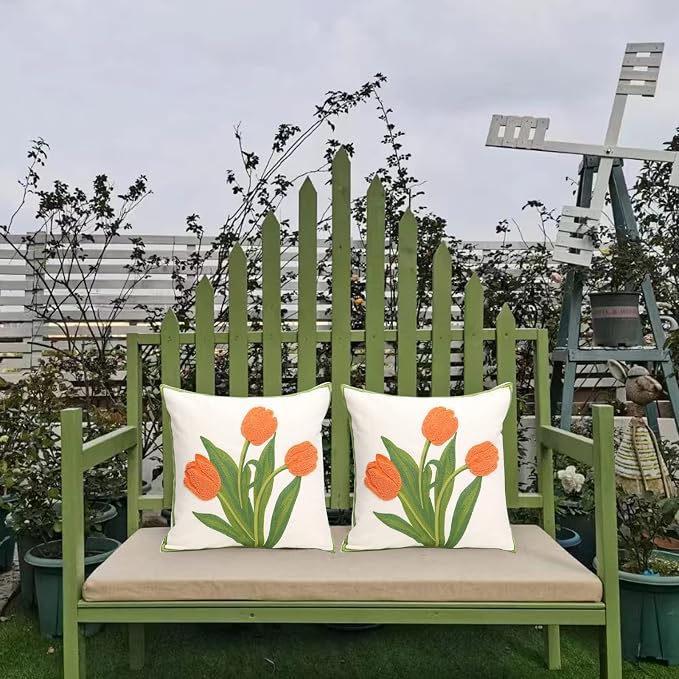 Pack of 2 Embroidered Decorative Throw Pillow Cover 18x18 Inch Farmhouse Floral Pillowcase for Living Room Sofa Bed (Orange Tulip)