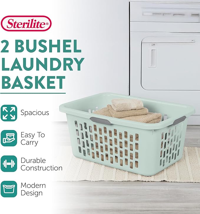 Sterilite Rectangular Laundry Basket, Plastic Clothes Hamper, 12-Pack | 2 Bushel, Mint - Ventilated Open-Top Utility Wash Bin with 4 Handles and Large Clothing Load Capacity