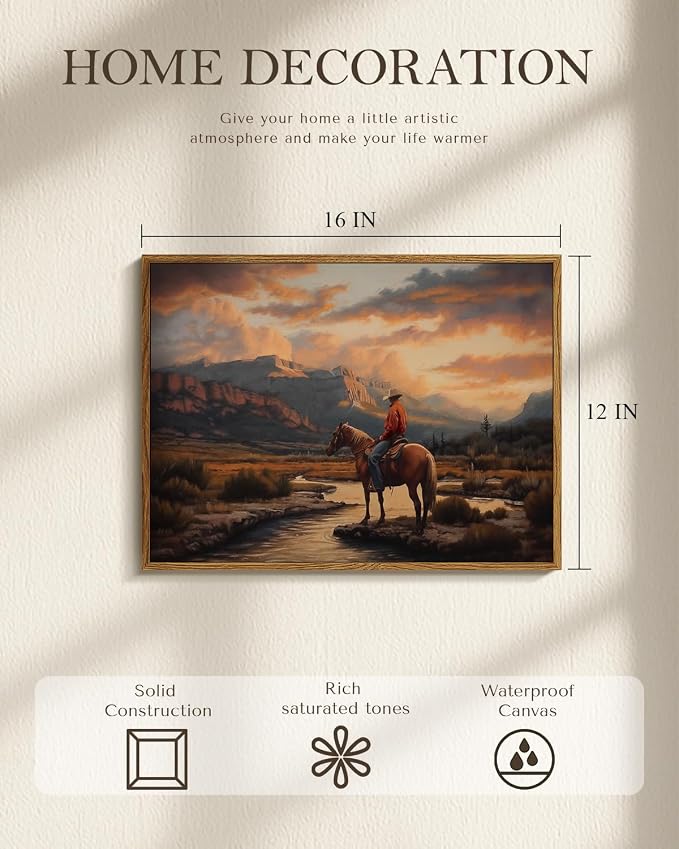 Western Cowboy Framed Canvas Wall Art 12x16 Inch, Horse Rider at Sunset Print Rustic Mountain Landscape Painting, American West Country Home Office Bedroom Wall Decor