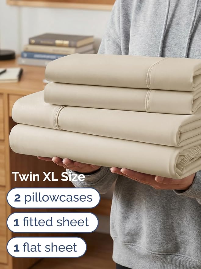 Extra Deep Twin XL Sheet Set - 4 Piece College Dorm Room - Wheat | College Dorm Room Essentials, Easy & Secure Fit, Ultra-Soft, Wrinkle & Fade Free, Comfy Sheets Set with Extra Deep Pockets