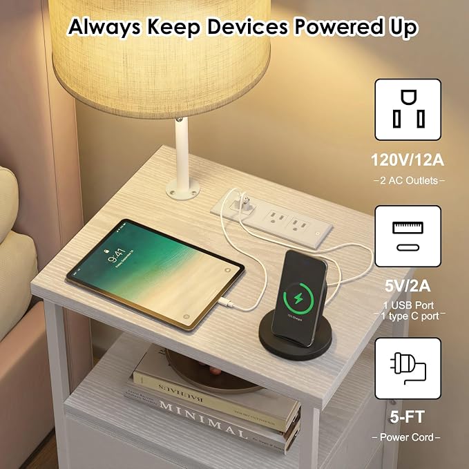 Fixwal Night Stand with 3 Color Temperature Bulb Attached, Nightstand with Light & Charging Station End Table with Fabric Drawer for Bedroom, Dorm, White