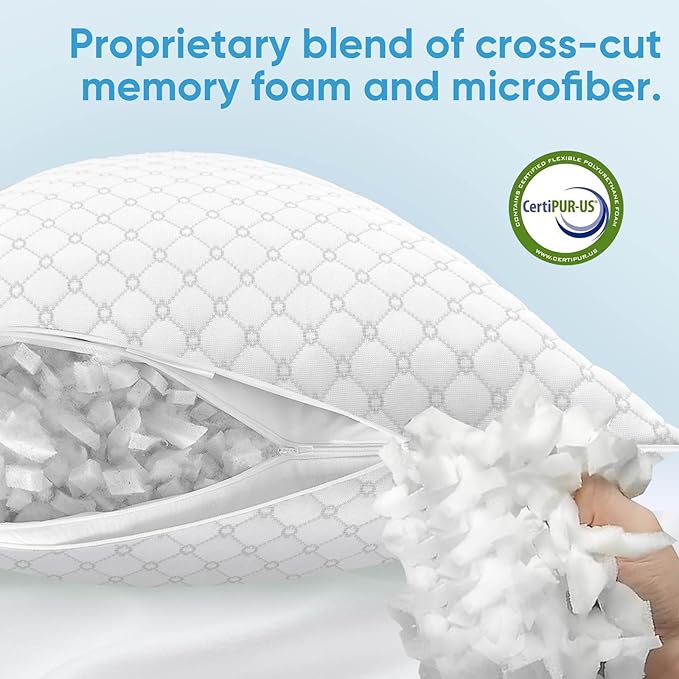 OAISZ Shredded Memory Foam Bed Pillows Standard Size Set of 2 for Sleeping | Adjustable Shredded Memory Foam Pillows, Cooling Bed Pillows for Side, Back and Stomach Sleepers, Removable Washable Covers