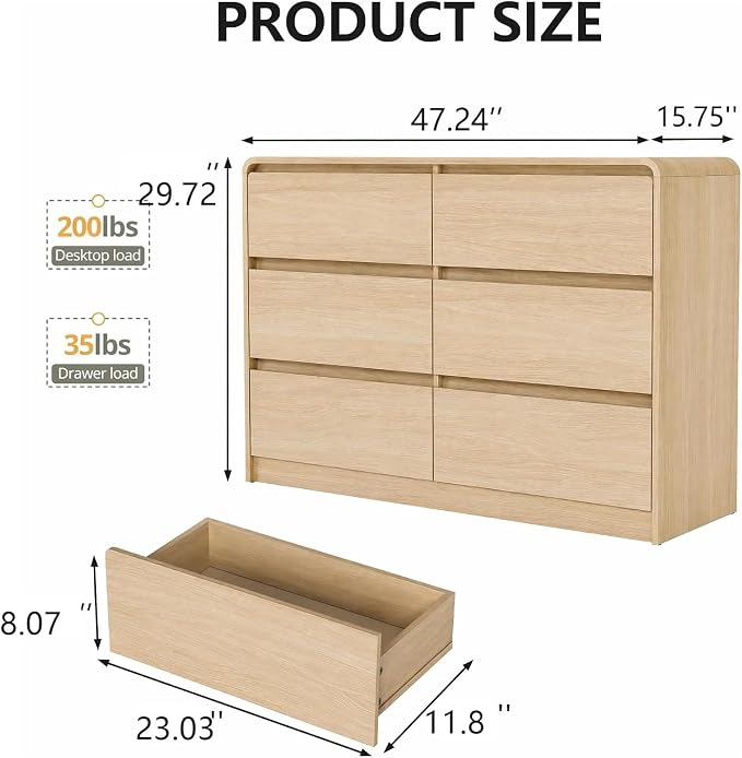 Vibe & Dine 6 Drawer Dresser, Modern Wooden Dressers & Chests of Drawers with Arc Edge Design, 47" Wide Dresser for Closet, Entryway, Bedroom, Natural Wood