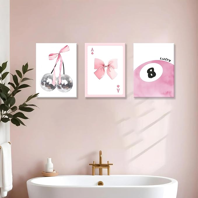 Framed Pink Canvas Wall Decor Set of 3, Pink Bow Wall Art Oil Painting, Girls Preppy Room Decor Picture, Trendy Disco Ball Print Poster for Teen Girl Apartment Bedroom Living Room Aesthetic 16x24 Inch