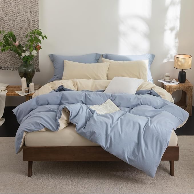 BDEAR 3Pcs Duvet Cover Set Queen Size 90" Wx90 L,Blue and Almond Grey | 100% Washed Cotton, 1 Duvet Cover with 2 Pillowcases, Zipper Closure, OEKO TEX Standard,8 Corner Ties,Linen-Liked Texture