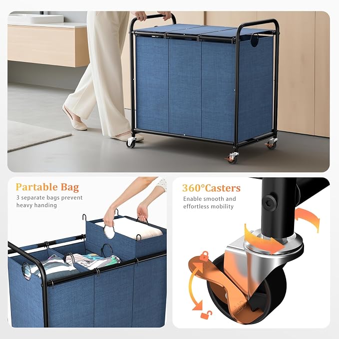180L Laundry Sorter 3 Section, Rolling Laundry Basket with Wheels and Lid | 47.55 Gal Laundry Hamper, 3 Separated Removable Bags, Lockable Wheels, Dirty Clothes Hamper for Laundry Room Organizer, Blue