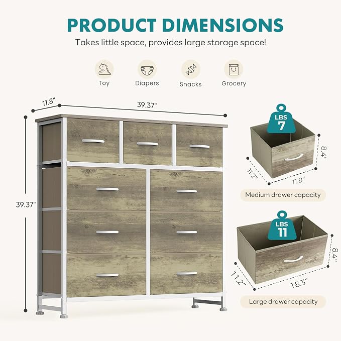 OLIXIS 9 Drawer Tall Dresser for Bedroom, Closet Organizers and Storage | Fabric Dresser with Wooden Top, Chest of Drawers for Clothes Storage, Tower Cabinet, Furniture, TV Stand, Oak Greige