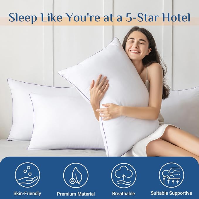 JOLLYVOGUE Firm Pillows Queen Size Set of 2, Supportive Bed Pillows with Oeko-Tex Certified Down Alternative Fill, Luxury Hotel Quality for Back, Stomach and Side Sleepers