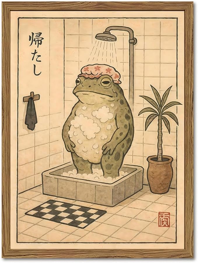 Funny Japanese Frog Bathroom Wall Art Whimsical Frog Shower Wall Decor 12x16 inch Wood Framed, Eclectic Japan Animal Bathroom Poster Painting Canvas Prints Aesthetics