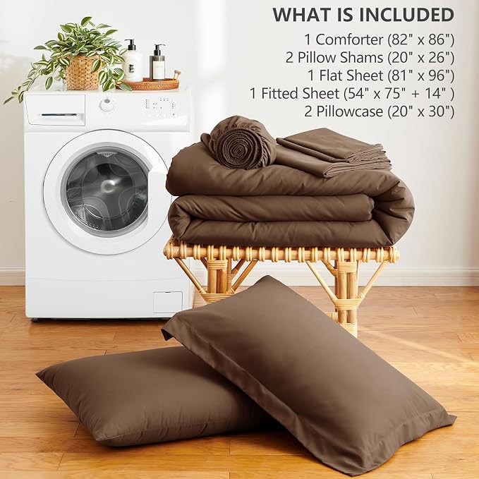 HIMEET Full Comforter Set, 7-Piece Point-Quilted Bed in a Bag, Brown | OEKO-TEX Certified, Lightweight 240 GSM Comforter, Flat Sheet, 14-Inch Deep-Pocket Fitted Sheet, Pillowcases & Shams