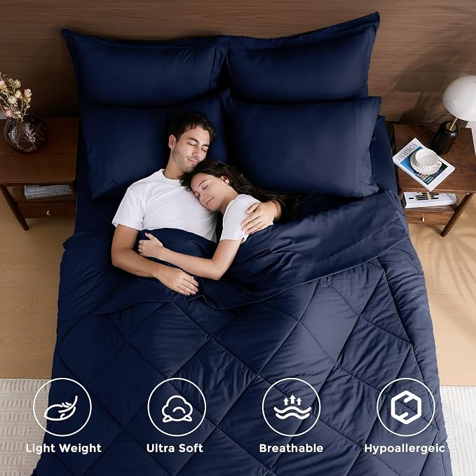 7-Piece Oversized Queen Comforter Set, Navy | Reversible, All-Season, Soft, 7 Piece Set, All-Season Reversible Bed in a Bag, Flat Sheet, Fitted Sheet, Pillowcases