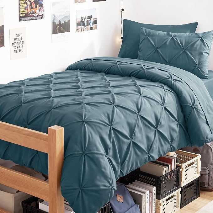 Twin XL Comforter Set Mineral Blue, 5 Pieces Pintuck Bed in a Bag | College Dorm Essentials, OEKO-TEX 100 Certified, 240GSM All Season, Down-Alternative Comforter, Sheets, Pillowcase & Sham