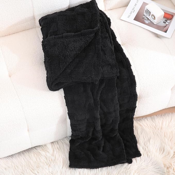 Black Fleece Throw Blanket 50”×70”Checkered Design for Couch Sofa | Super Soft Cozy Plush Microfiber 3D Square Pattern Flannel Blanket for Bed Lightweight for Adults,Women