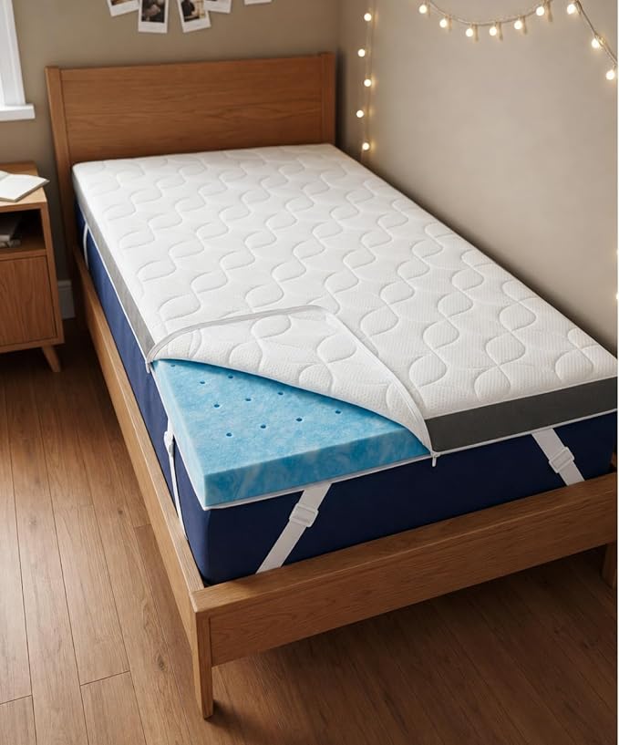 Memory Foam Mattress Topper & Cooling Cover - Dorm Room Essentials - 3 Inch | Plush, Thick & Comfy, Pain & Pressure Relief, Twin XL Size Mattress Pad w/ Straps & Removable Washable Cover, Oeko-Tex