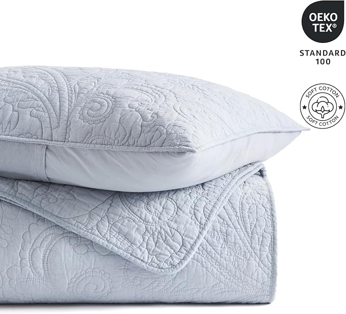 EVERGRACEHOME 100% Cotton Paisley Quilt Set, King Size, Pearl Blue | Prewashed for Softness, Year-Round Breathability, Gift-Ready Box, Matelasse-style Quilted Coverlet, 3 Piece Set with 2 Shams