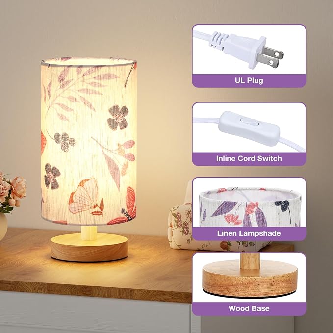 Small Table Lamps (Butterfly Cream Shade, 9" Inline Control) | 3000K LED Blub Included | 680 Lumens | Easy Assembly | Minimalist Design | E26 | for Kitchen | for Kids Room