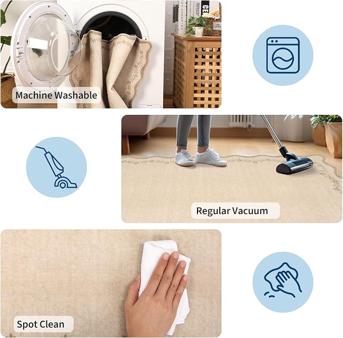 GarveeHome 2.5x8 Scalloped Washable Runner Rug Non Slip Hallway Kitchen Rug | Soft Long Hall Runner Jute Tan Entryway Rug Farmhouse Thin Laundry Mat Stain Resistant Carpet for Bathroom Beside Rug